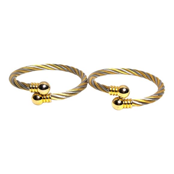 Set of 2 Two Tone Twisted Gold Silver Bracelets Celtic Stainless Steel Cuffs - Picture 2 of 6